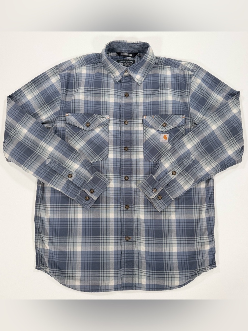 Carhartt Mens M Blue Plaid Rugged Flex Long Sleeve Button Shirt Workwear 104915